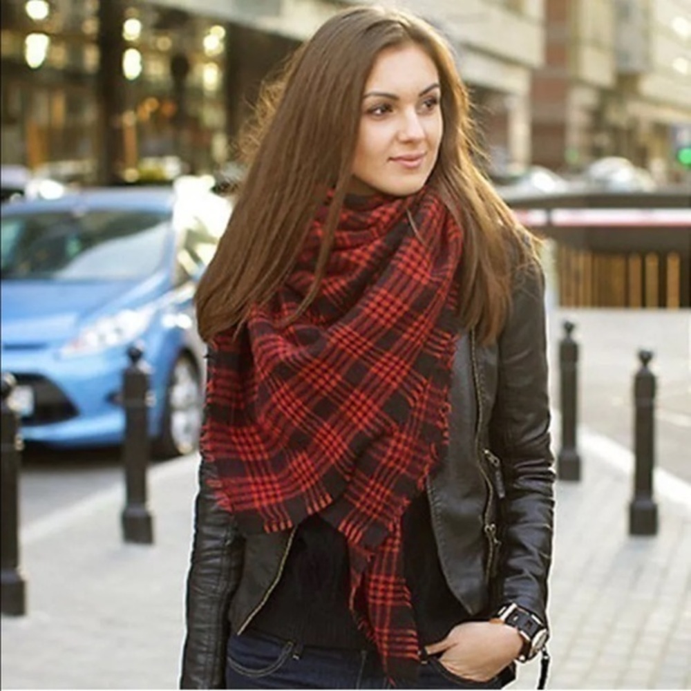 Red black over sized Plaid wrap scarf